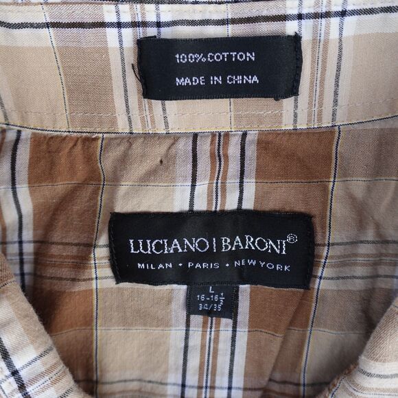 Luciano Baroni Shirt Men Large Brown Plaid Pearl Snap Short Sleeve Cotton Casual - Picture 3 of 8